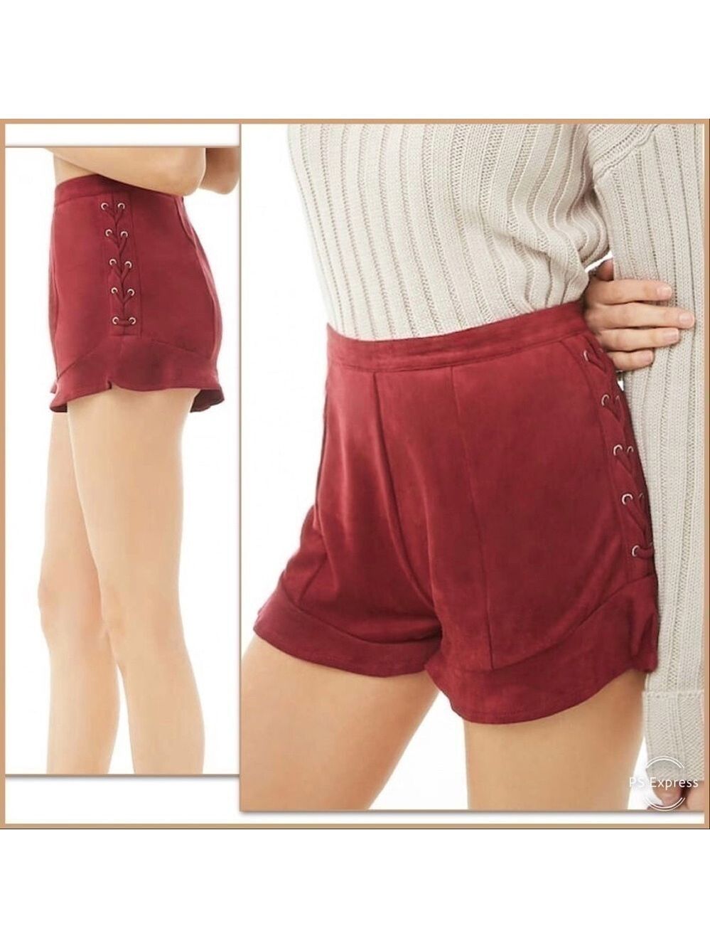 NEW WITH TAGS-Very J Women’s Burgundy Faux Suede Split Lace-Up Sides Shorts LG